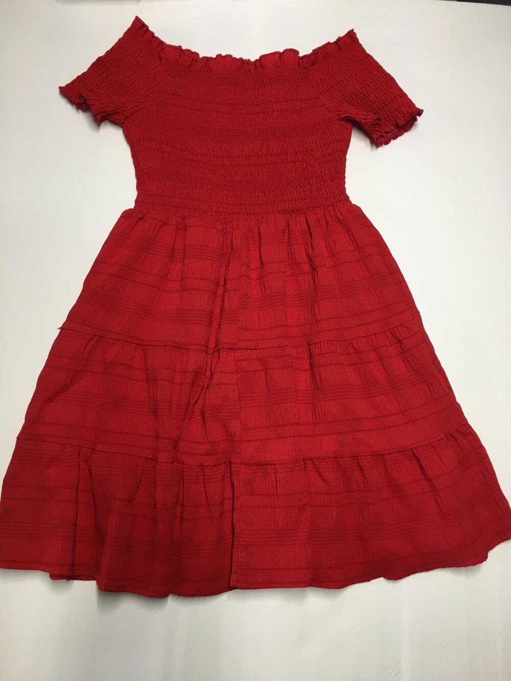 Red Stretchy Rouched Top Midi Dress Short Sleeve No Size or Brand Tag Girls M